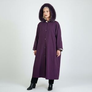 4 SAISONS Purple Nylon Faux Fur Trim Hooded Long Winter Coat Women's 6